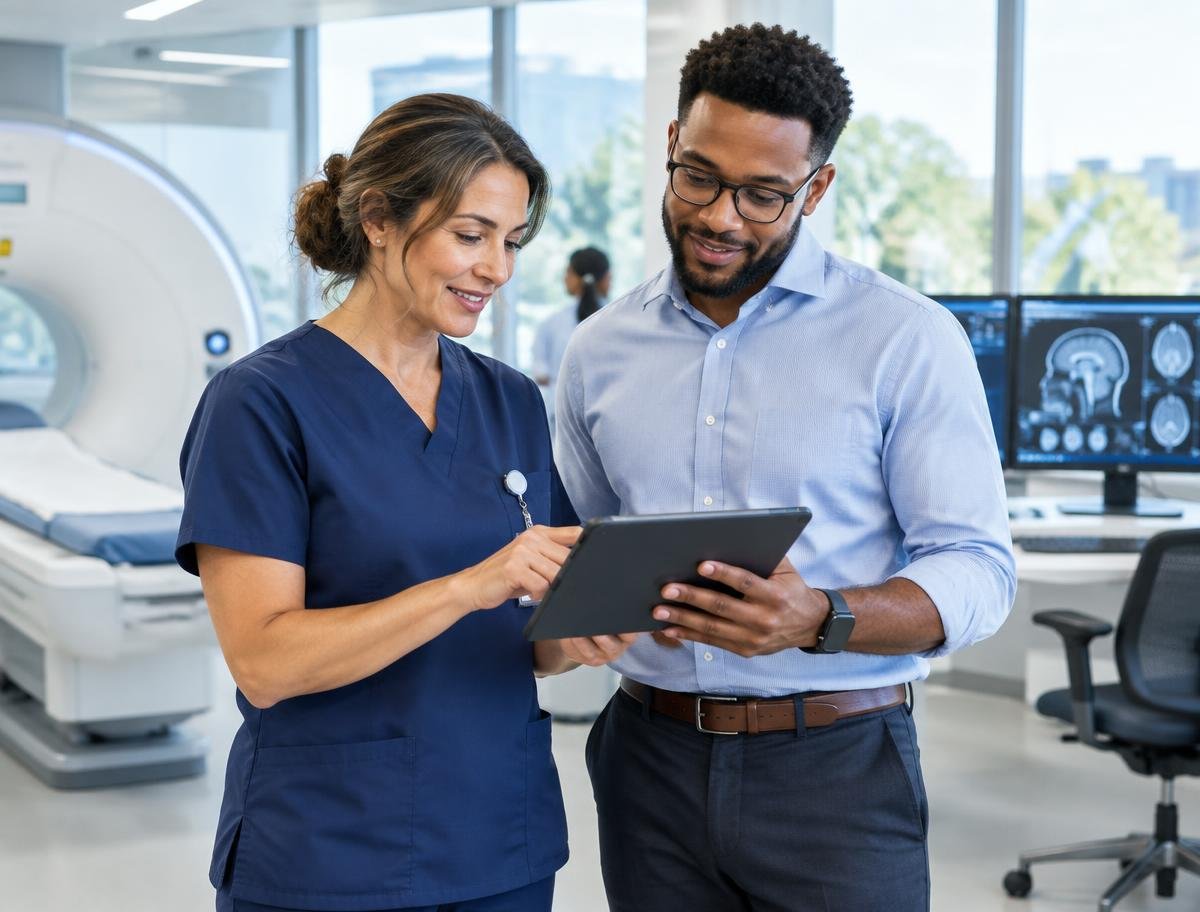 Clinical and technology professionals collaborating with a tablet